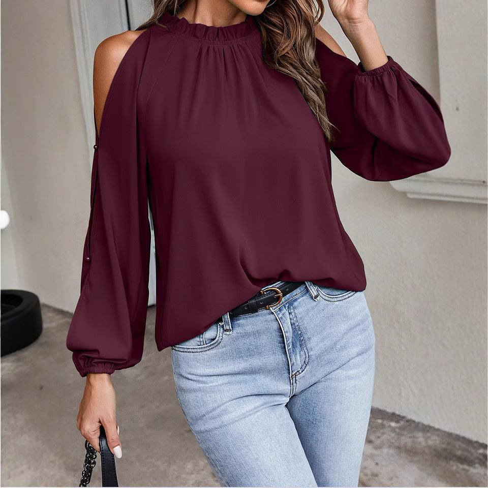 Damen trendige Bluse mit schulterfreier Gestaltung und Puffärmeln Drune