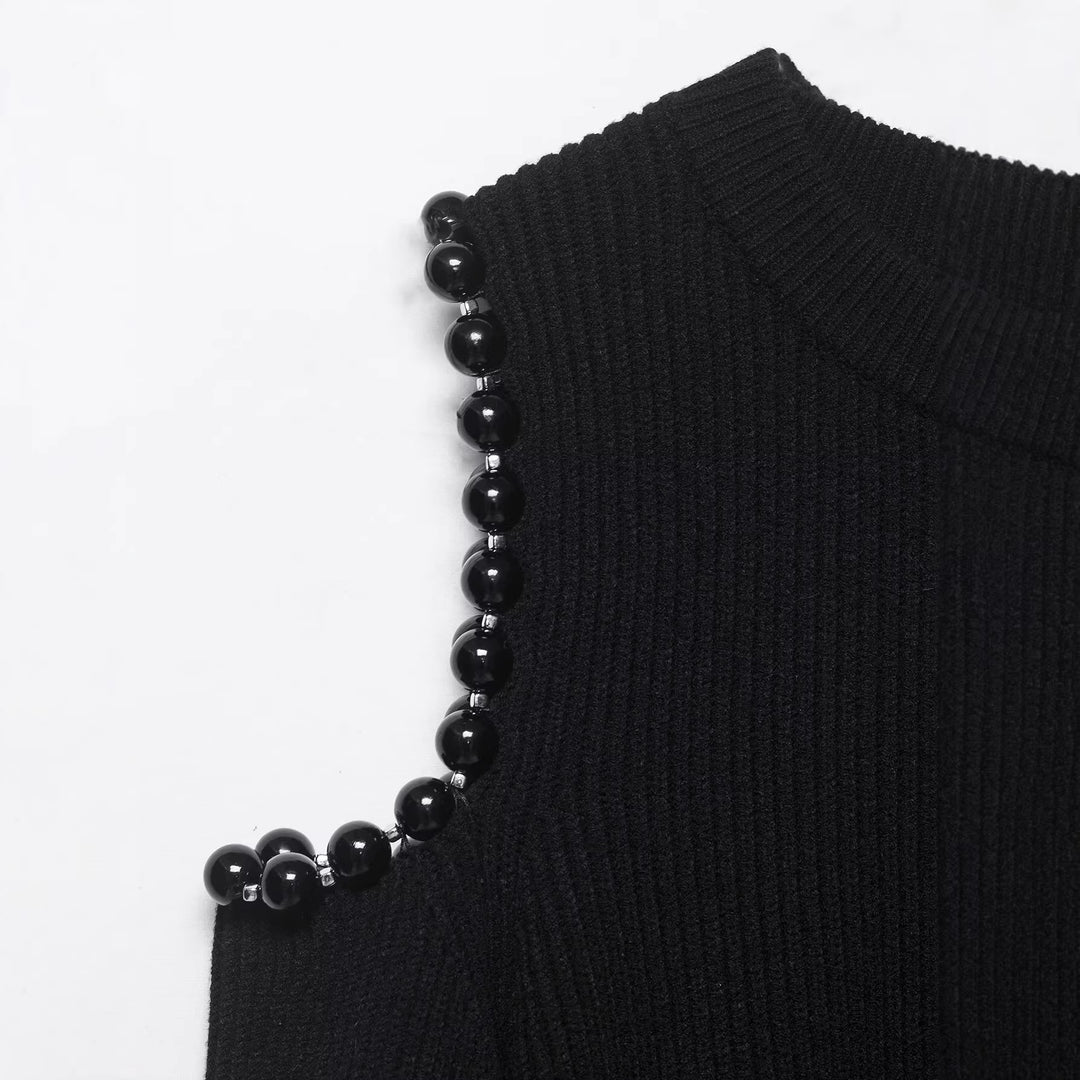 Damen Gestrickter Cropped-Pullover mit Cut-Out-Schultern und Perlenbesatz Drune