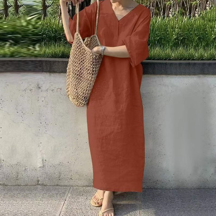Damen Lässiges Leinen-Maxikleid mit V-Ausschnitt und Oversize-Relax-Fit Drune
