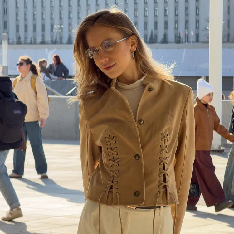 Damen Kurzjacke aus Veloursleder-Optik mit seitlichen Schnürungen & Stehkragen Drune