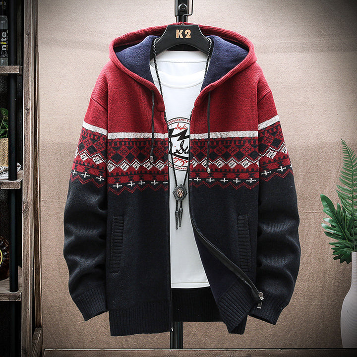 Herren Kapuzen-Strickzipjacke mit Norweger-Jacquard und weichem Futter Drune