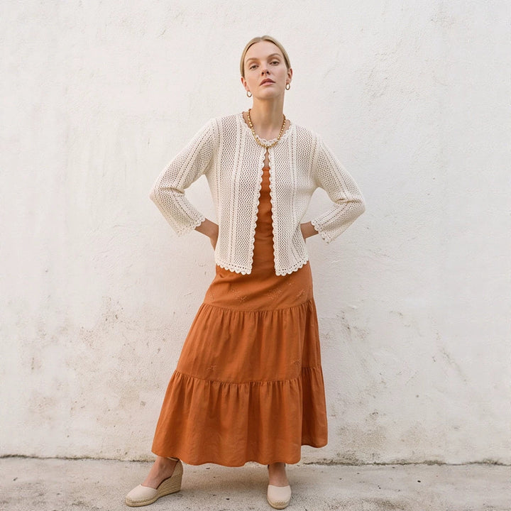 Damen gehäkelte Kurzjacke mit gewelltem Saum, offenem Vorderteil & 3/4-Ärmeln Drune