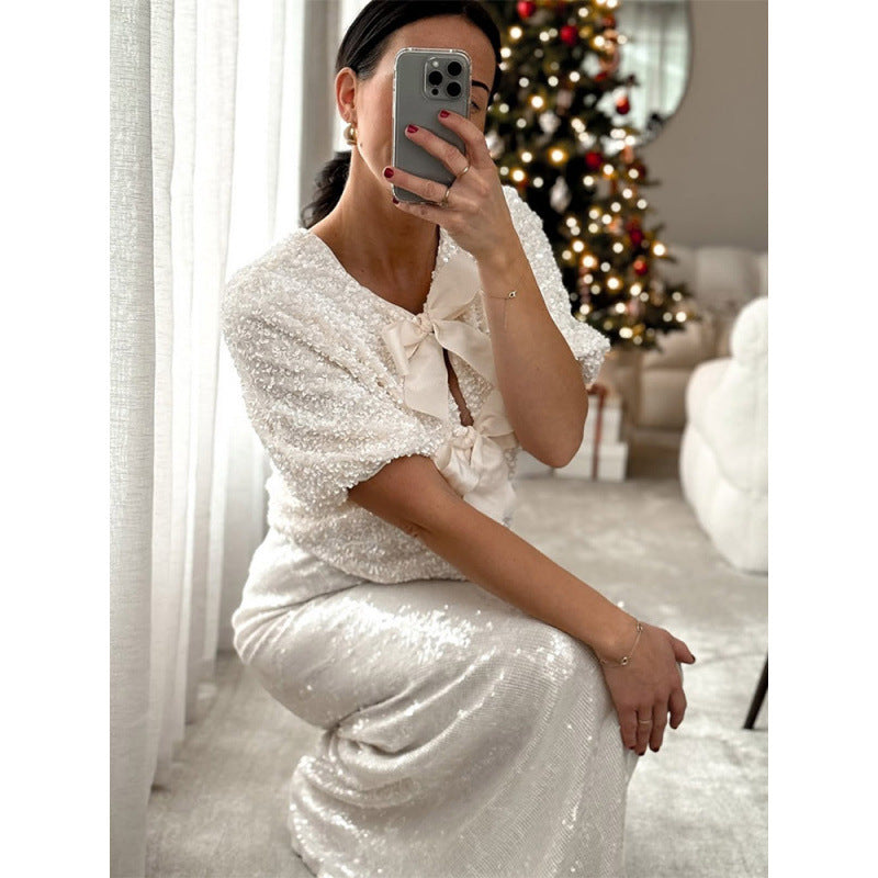 Damen Paillettenbluse mit Schleifendetails Drune