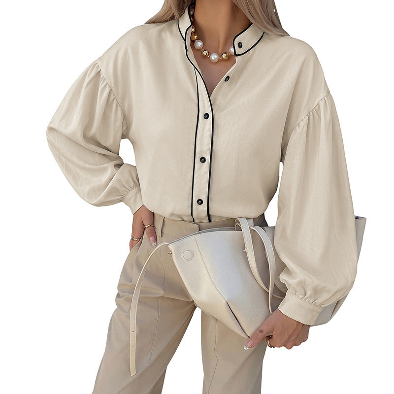 Damen Elegantes Hemd mit Stehkragen und Puffärmeln Drune