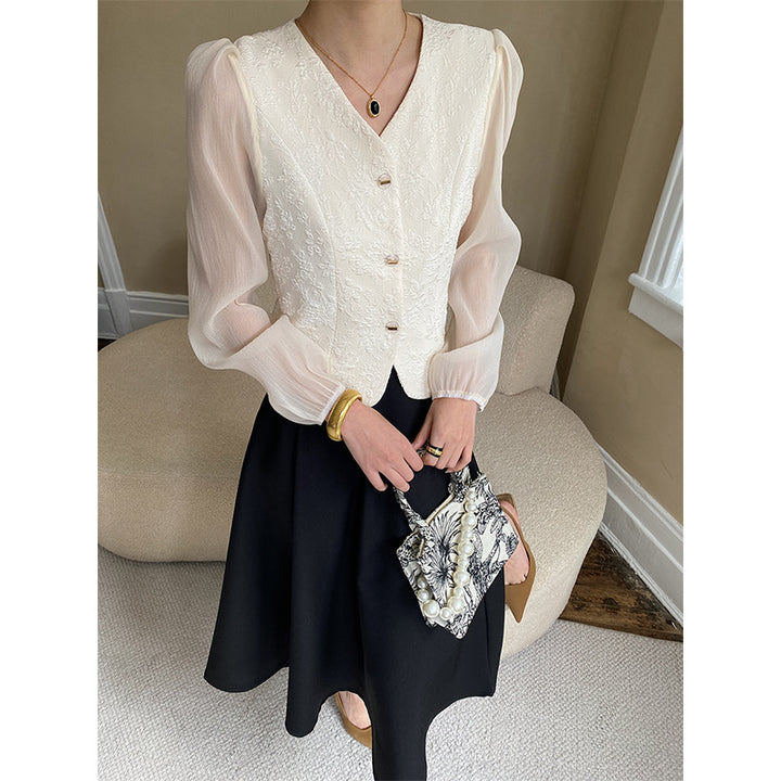 Damen schicke aufregende Bluse mit Puffärmeln und dekorativen Knopfdetails Drune