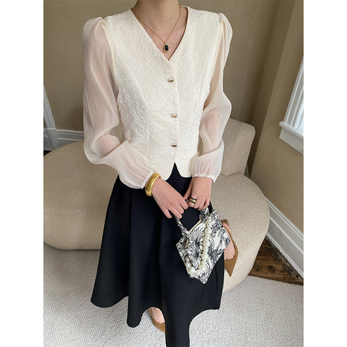 Damen schicke aufregende Bluse mit Puffärmeln und dekorativen Knopfdetails Drune