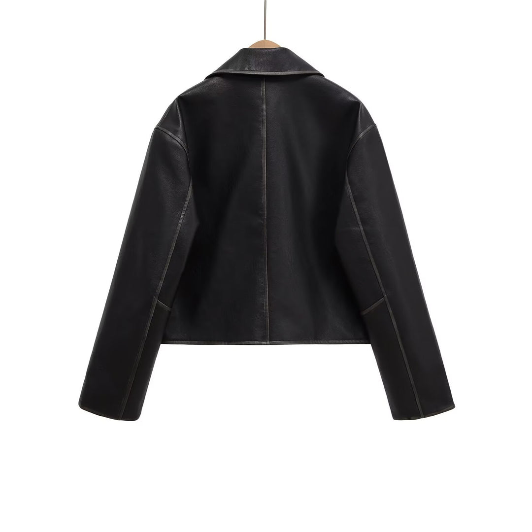 Damen Kurze Boxy-Lederoptik-Jacke mit Reißverschluss und großen Pattentaschen Drune