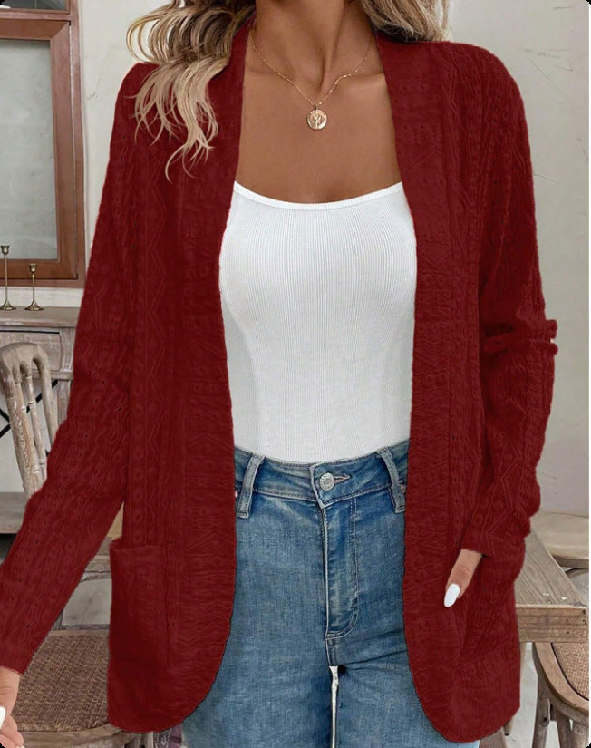 Damen Offener Strukturierter Strickcardigan mit Eingrifftaschen Drune