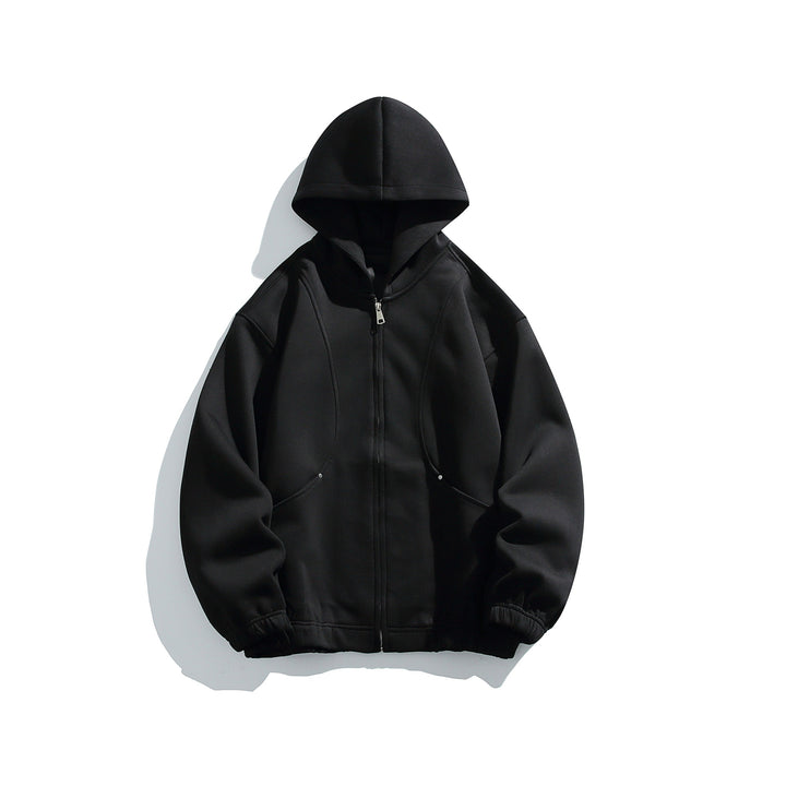 Unisex Kapuzenjacke mit durchgehendem Reißverschluss, strukturierter Neopren‑Optik und Kugelfalten-Details Drune