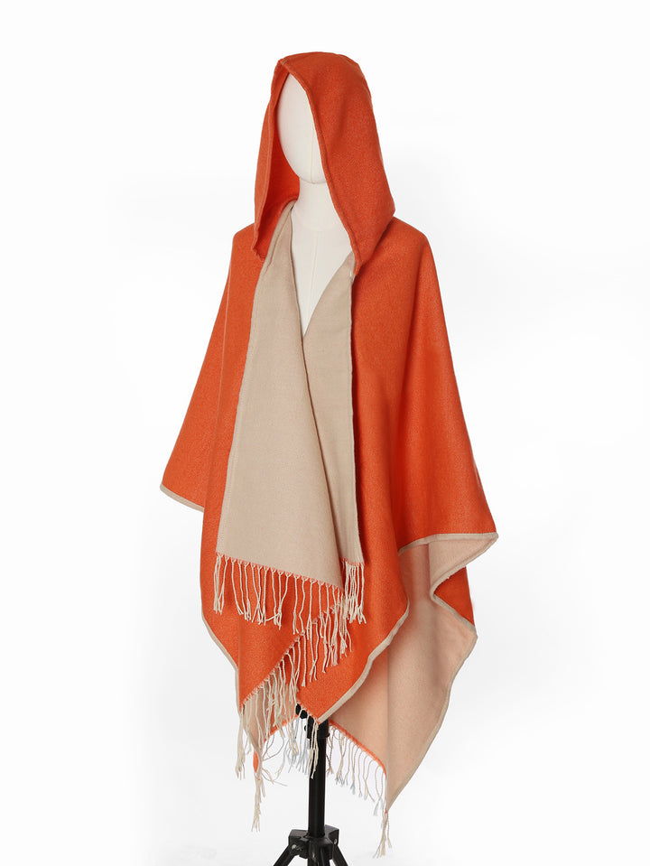 Damen Kapuzencape aus Wollmix mit Wendefunktion und Fransensaum Drune