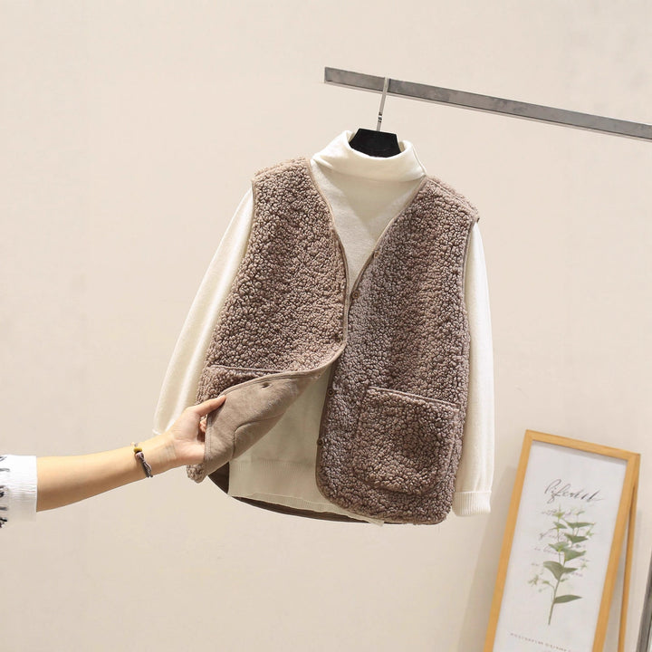 Damen Ärmellose Teddyweste mit Knopfleiste und aufgesetzten Taschen Drune