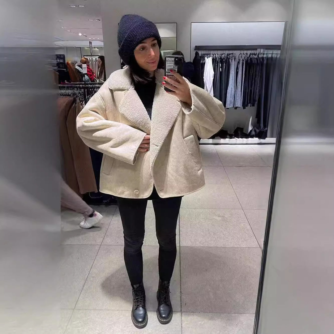Damen nan kurzer Lammfellimitat-Blouson mit Teddyfutter, Hemdkragen und Eingrifftaschen Drune