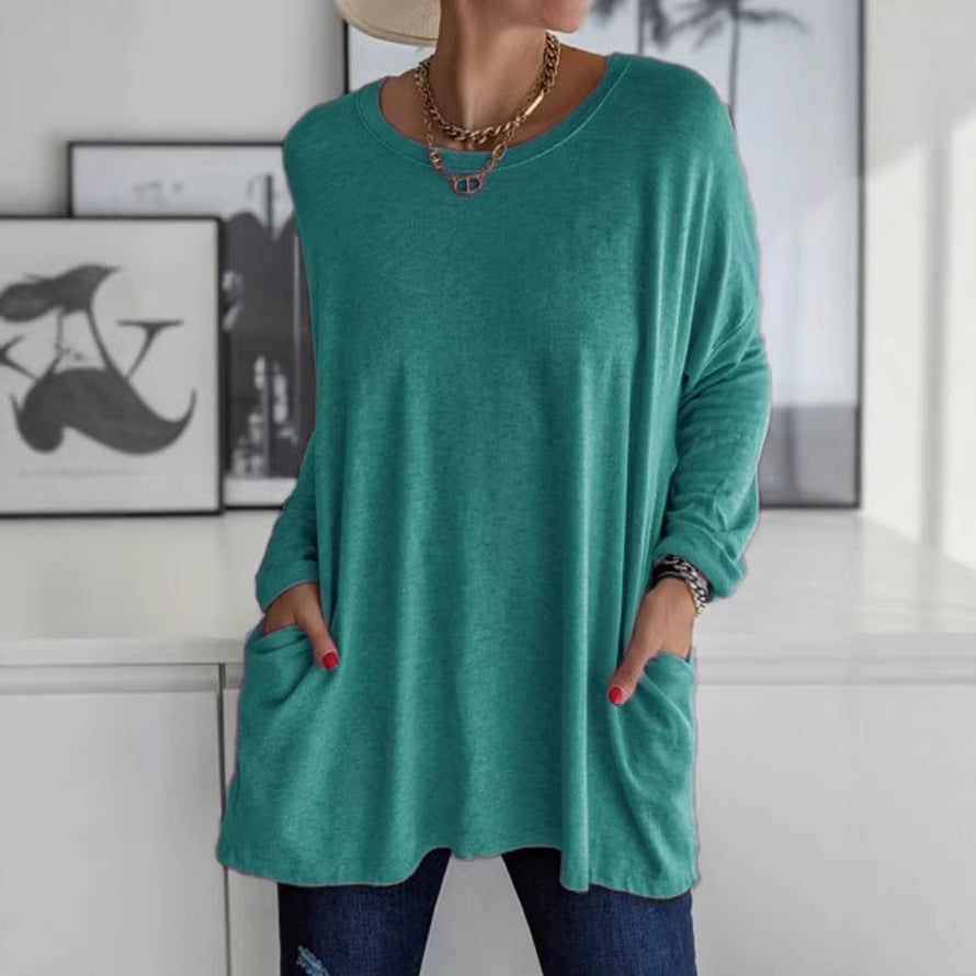 Damen Oversize Tunika mit Seitentaschen und Rundhalsausschnitt Drune