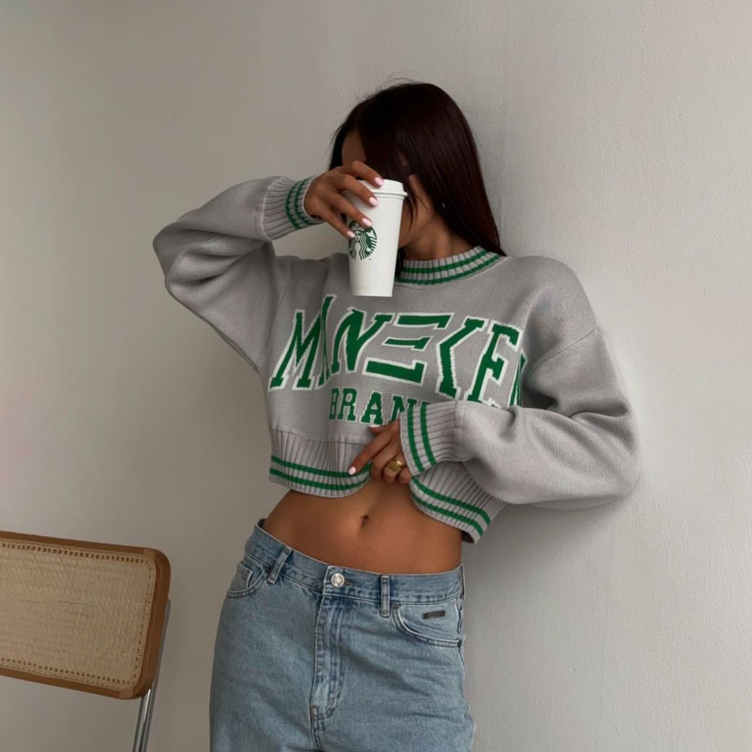 Damen trendiger, lässiger Crop-Pullover mit grafischem Schriftzug und sportlichen Akzenten Drune