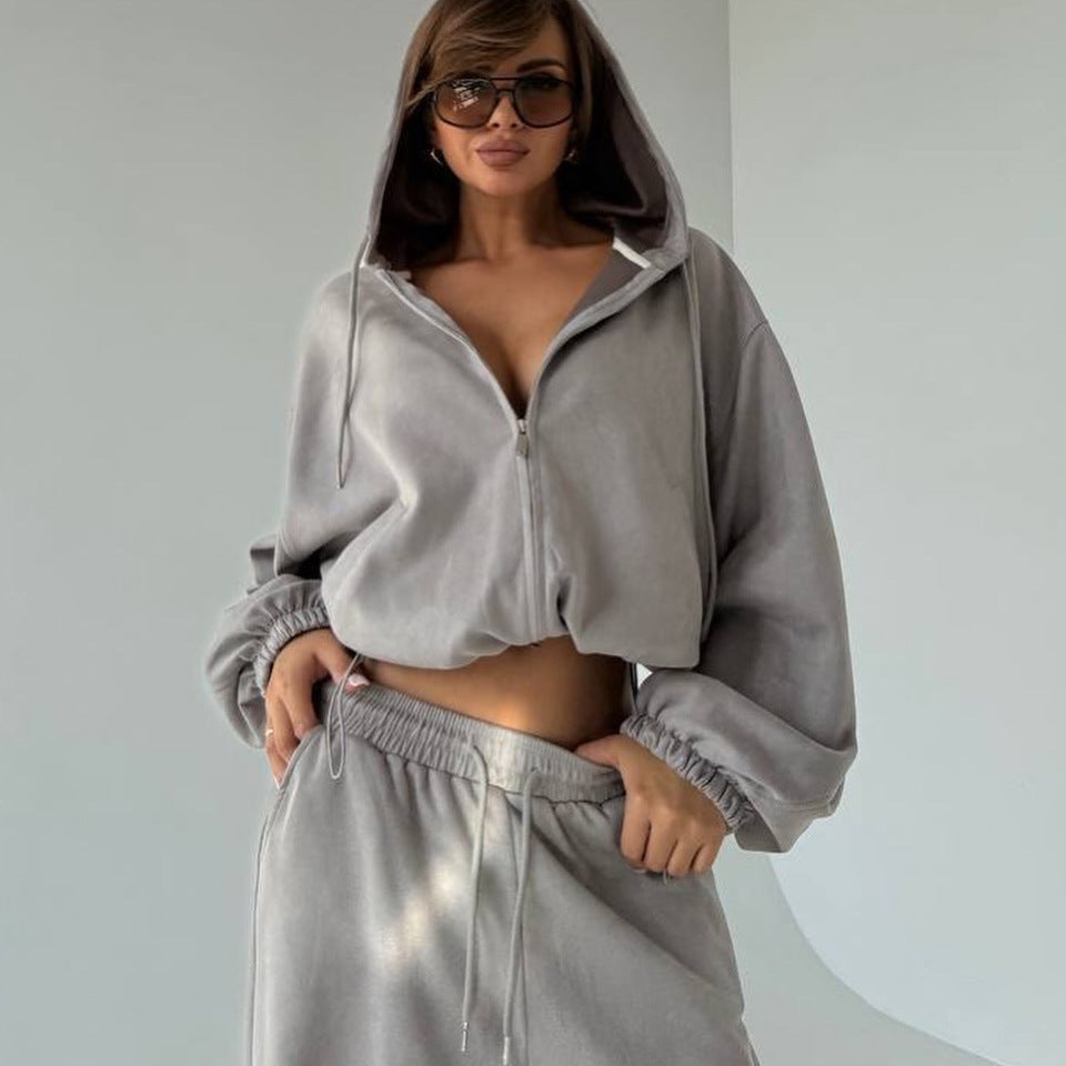 Damen Velours-Cropped-Kapuzenjacke mit Ballonärmeln und weiter Palazzo-Sweathose Drune