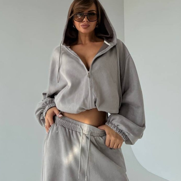 Damen Velours-Cropped-Kapuzenjacke mit Ballonärmeln und weiter Palazzo-Sweathose Drune