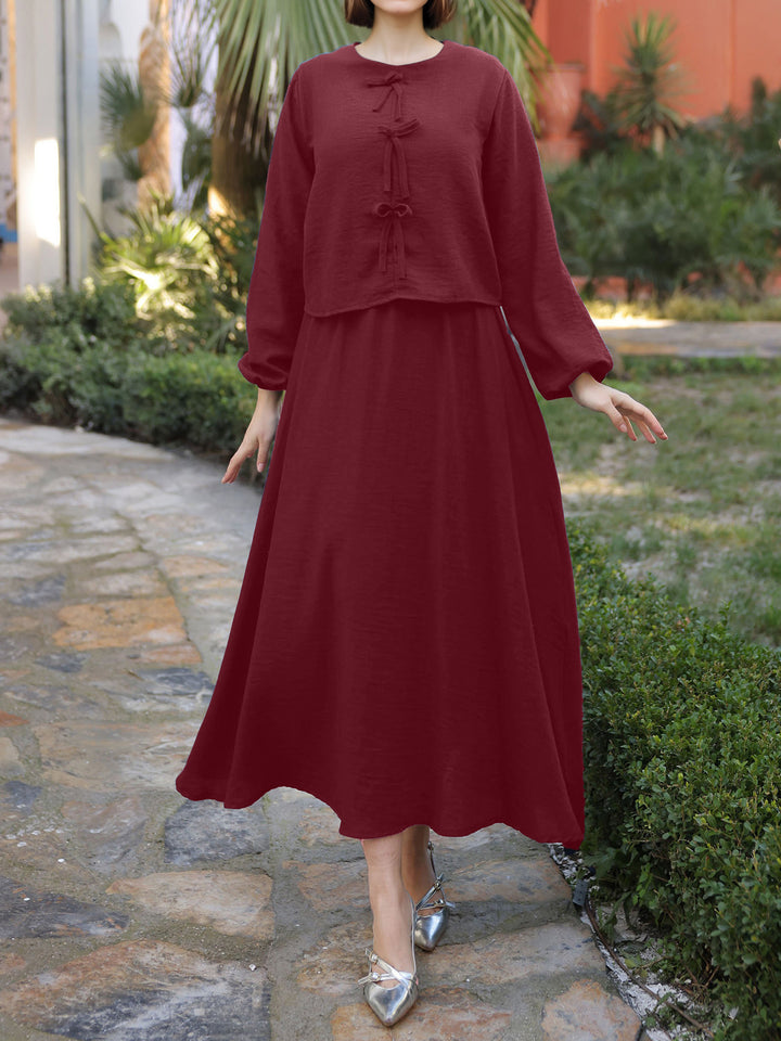 Damen Langes Zweiteiliges Maxikleid mit Überwurf, Rundhals und Zierknoten Drune