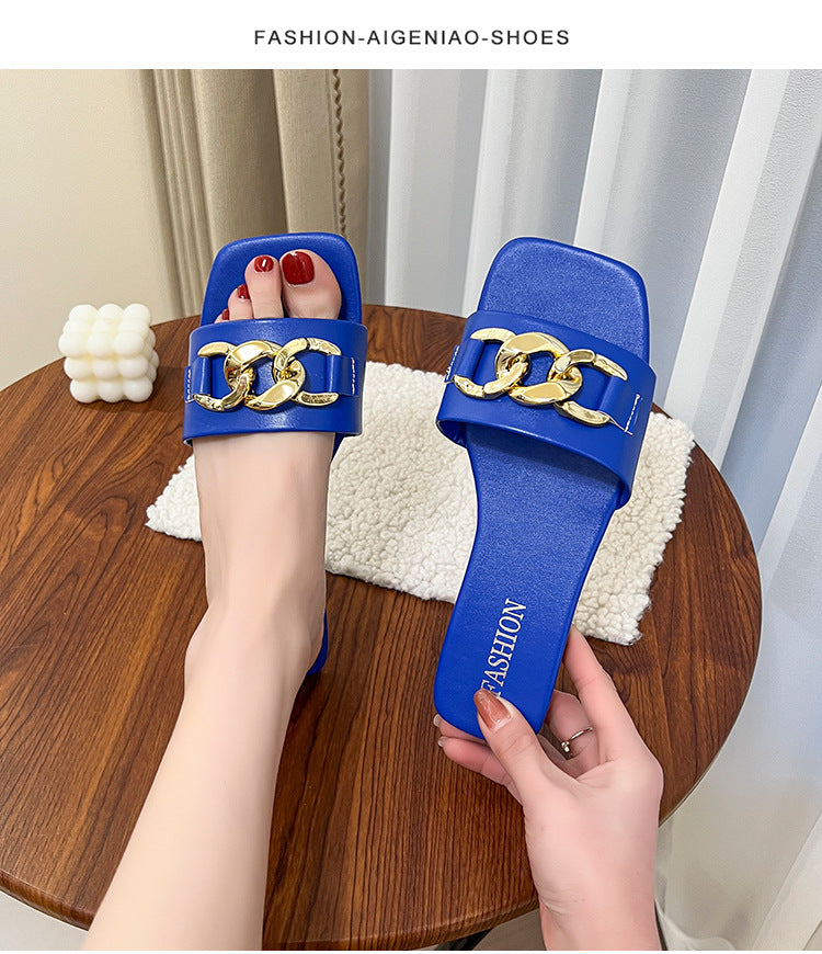 Damen Dekorative Ketten-Detail Slide Sandalen Drune