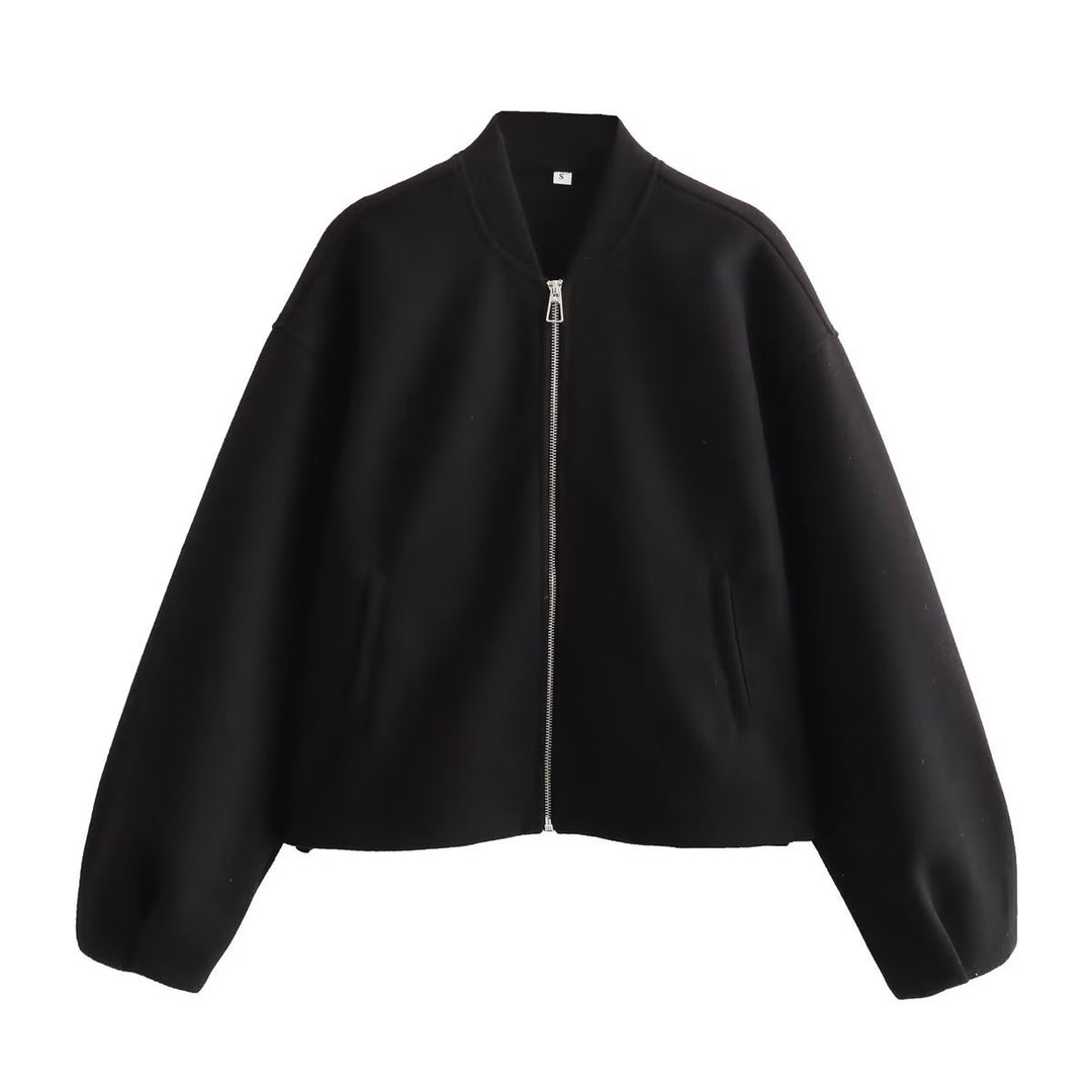 Damen nan kurz geschnittene minimalistische Bomberjacke mit verdecktem Zwei-Wege-Reißverschluss und Eingrifftaschen Drune