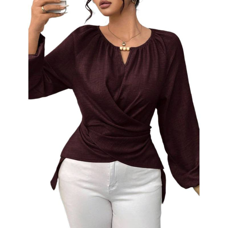 Damen Taillierte Wickelbluse mit Perlendetail und Ballonärmeln Drune