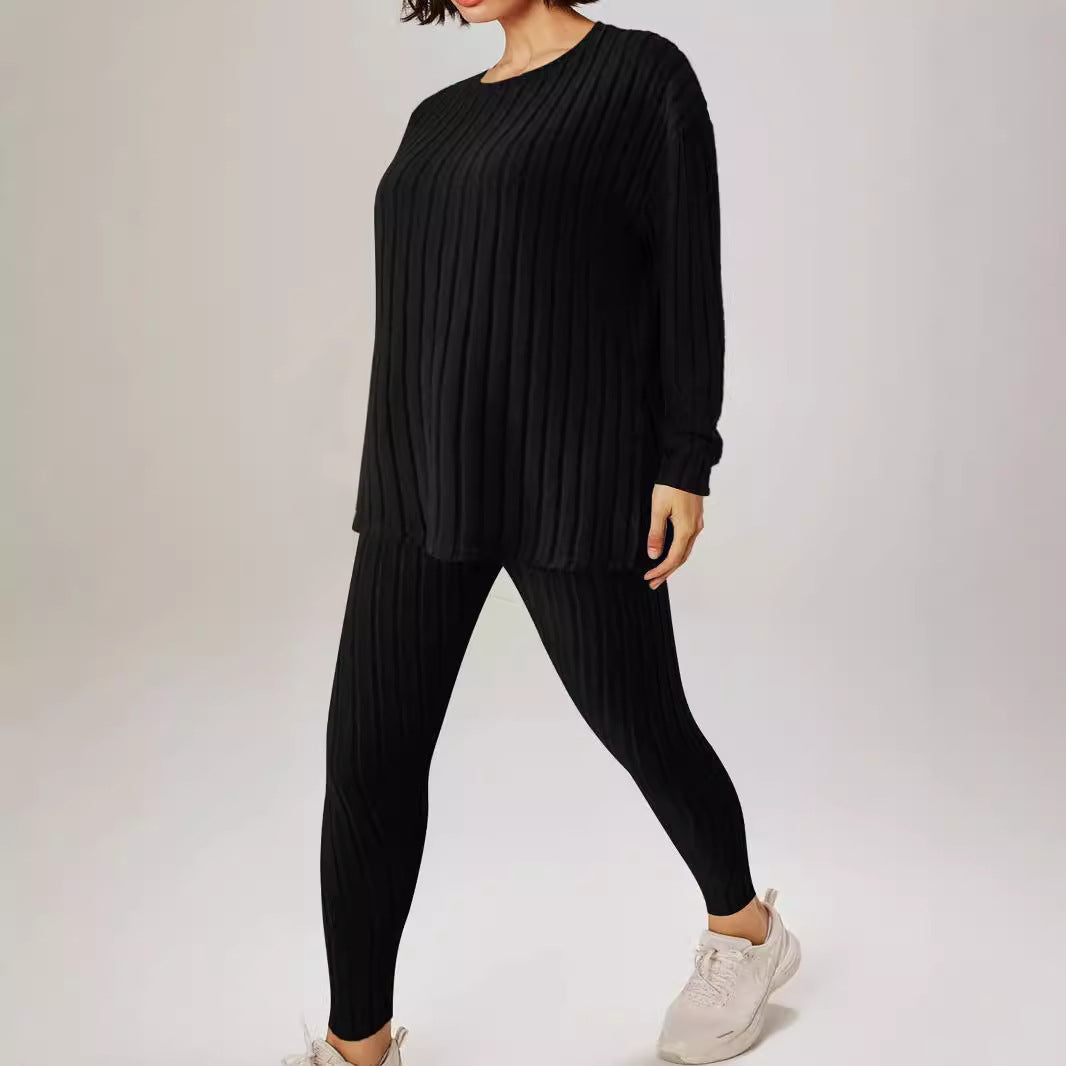 Damen Geripptes Relax‑Zweiteiler aus Feinstrick mit Rundhalsausschnitt und Slim‑Jogger Drune