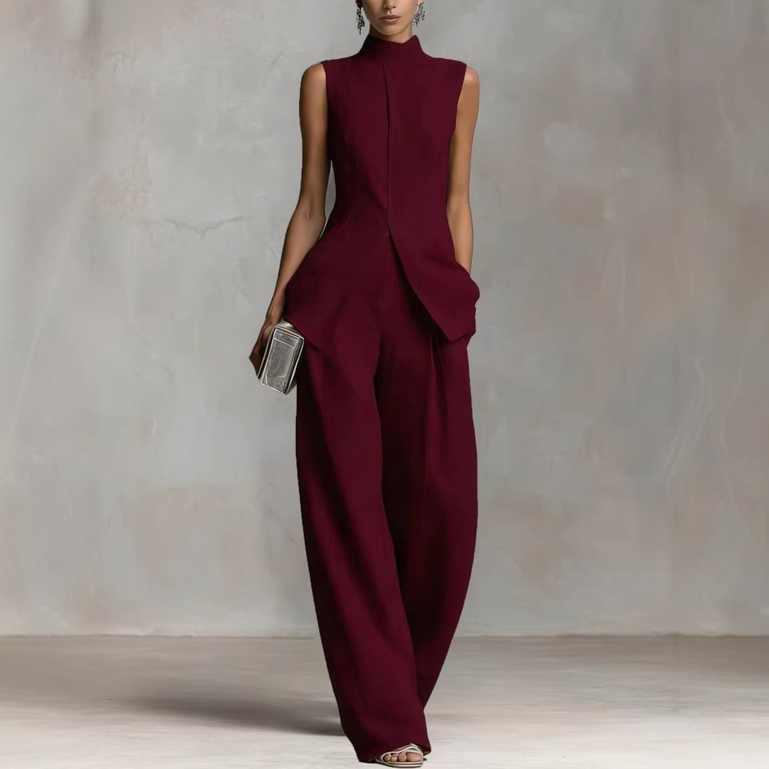 Damen Eleganter Jumpsuit mit hochgeschlossenem Kragen und weitem Bein Drune