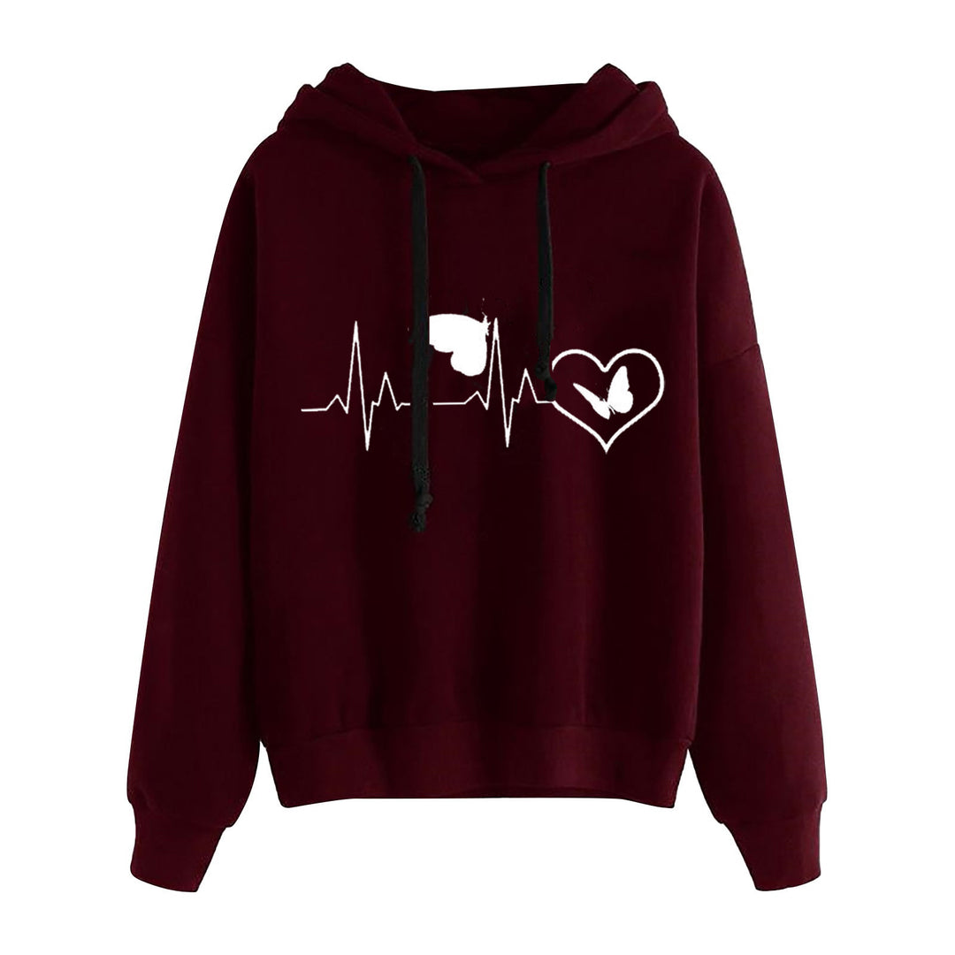Damen nan leichter Oversize Kapuzenpullover mit Herz‑EKG‑Motiv, langen Kordeln und elastischem Bund Drune