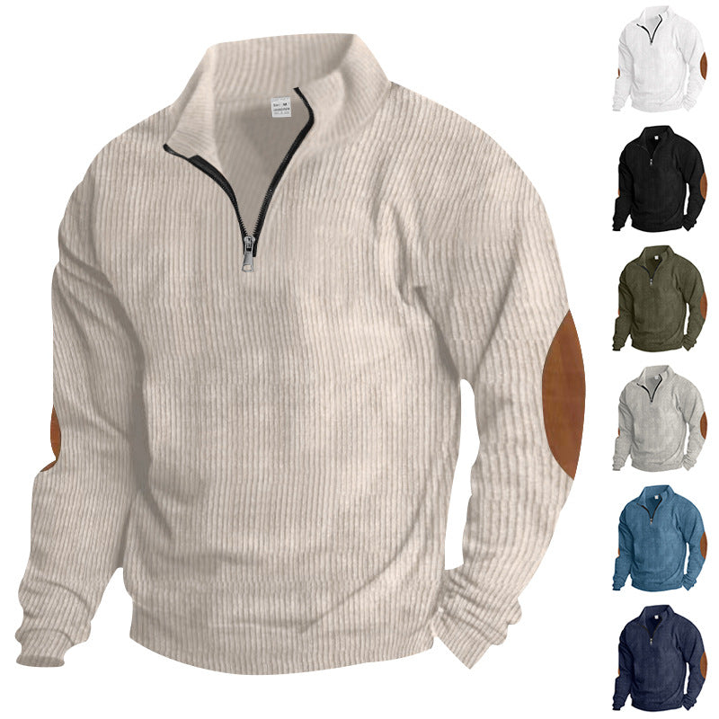 Herren nan gerippter Feinstrick-Pullover mit kurzem Reißverschluss Stehkragen und Lederoptik-Ellbogenpatches Drune