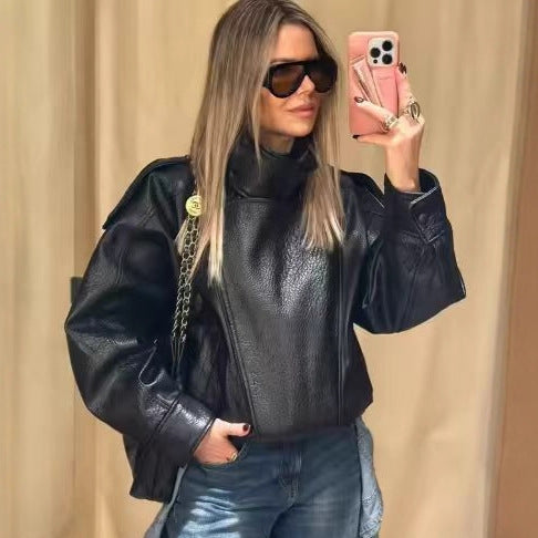 Damen nan oversize Kunstlederblouson mit hohem Stehkragen, asymmetrischer Druckknopfleiste, Schulterklappen und elastischem Saum Drune