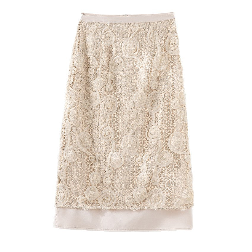 Damen Spitzen-Midirock mit floraler Häkelspitze und blickdichtem Futter Drune