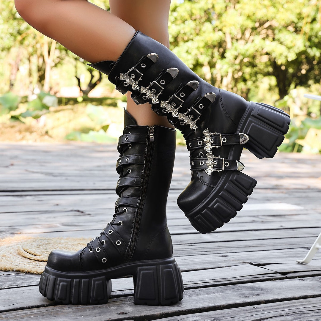 Damen Plateau-Bikerboots mit dekorativen Riemen, Ösen und Ketten Drune