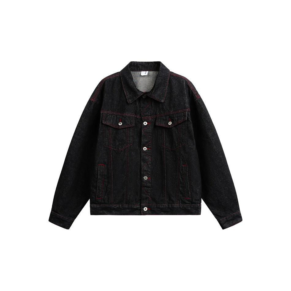 Herren Boxy‑Denimjacke mit roten Kontrastnähten und Metallknöpfen Drune