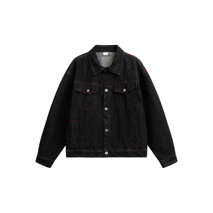 Herren Boxy‑Denimjacke mit roten Kontrastnähten und Metallknöpfen Drune
