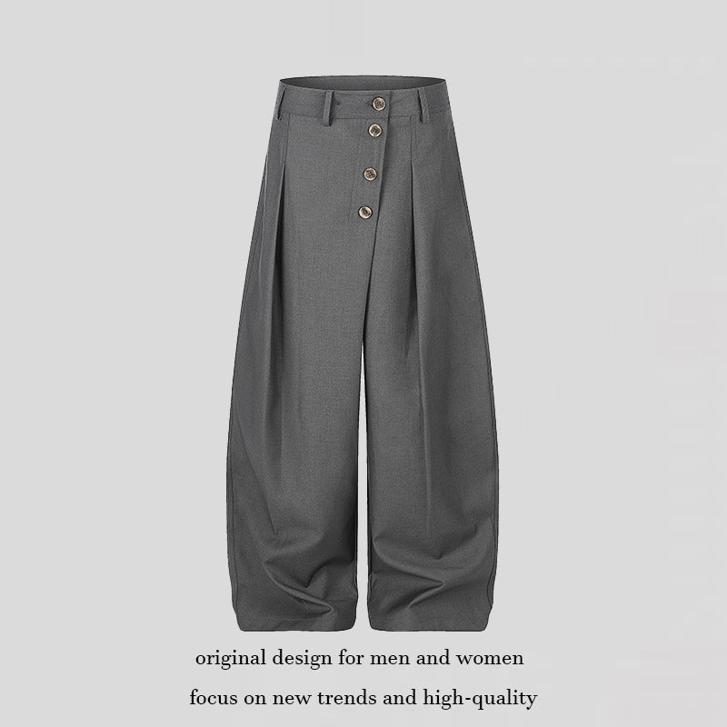 Damen Weite Palazzo-Hose mit hoher Taille, Bundfalten und asymmetrischer Knopfleiste Drune