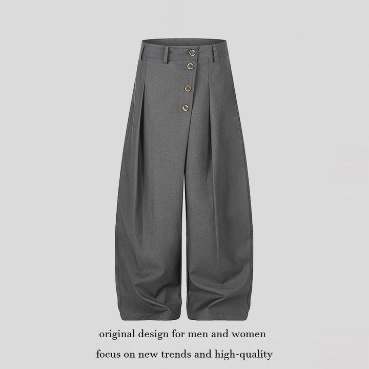 Damen Weite Palazzo-Hose mit hoher Taille, Bundfalten und asymmetrischer Knopfleiste Drune
