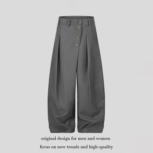 Damen Weite Palazzo-Hose mit hoher Taille, Bundfalten und asymmetrischer Knopfleiste Drune