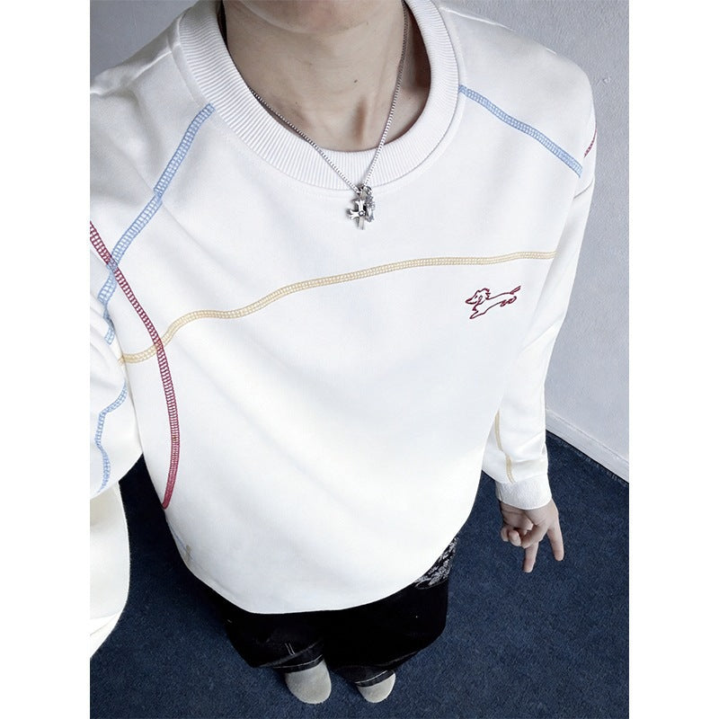Herren Sweatshirt mit farbiger Ziernaht, gesticktem Hundemotiv und Rundhalsausschnitt Drune