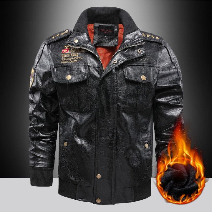 Herren isoliertes Kunstleder-Fliegerblouson im Military-Look mit Applikationen und gerippten Abschlüssen Drune