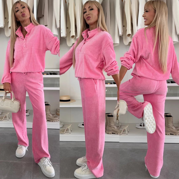 Damen Cord-Lounge-Set mit Henley-Kragen, Knopfleiste und weitem High-Waist-Hose Drune
