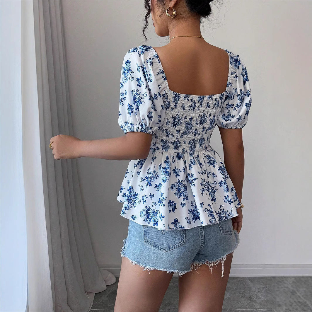 Damen Raffiniertes Oberteil mit Puffärmeln und floralem Design Drune