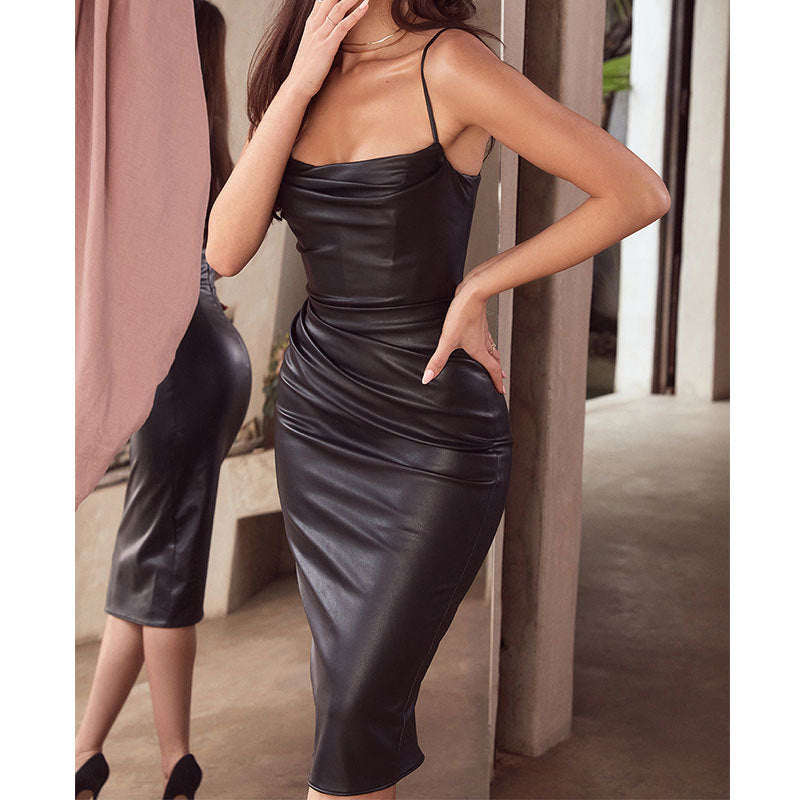 Damen elegantes Satin-Cocktailkleid mit Spaghettiträgern und asymmetrischem Schnitt Drune