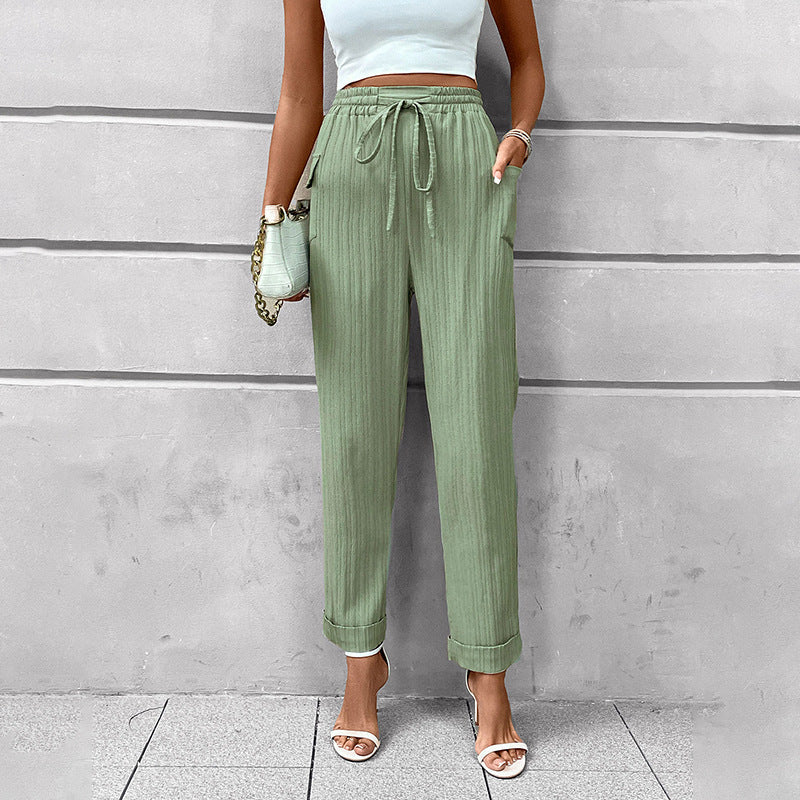 Damen Leichte High‑Waist-Hose mit Gummibund, Kordelzug und aufgesetzten Taschen Drune