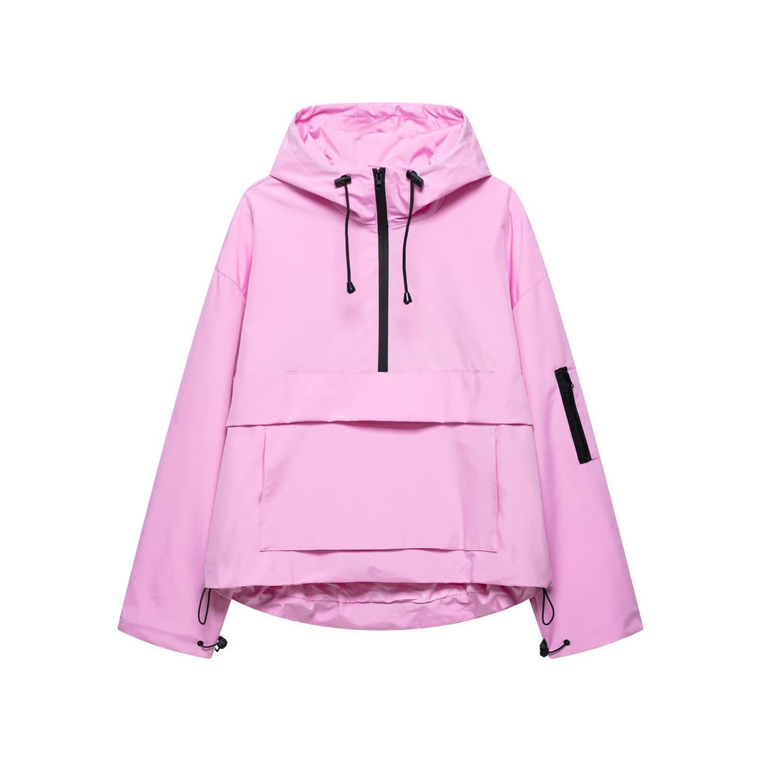 Unisex nan technischer Windbreaker Anorak mit halbhohem Reißverschluss Kapuze und Kängurutasche Drune