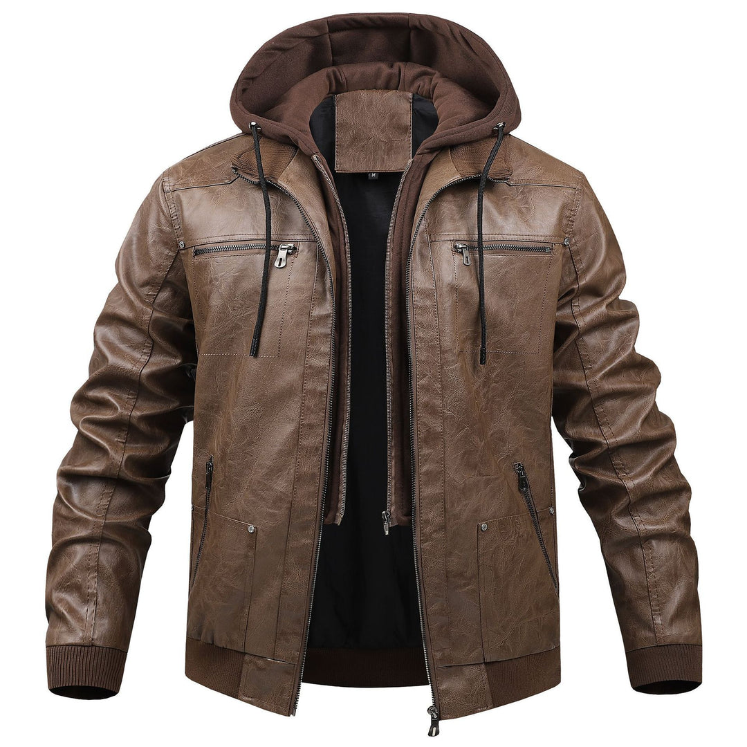 Herren Modische Kunstlederjacke mit abnehmbarer Kapuze Drune