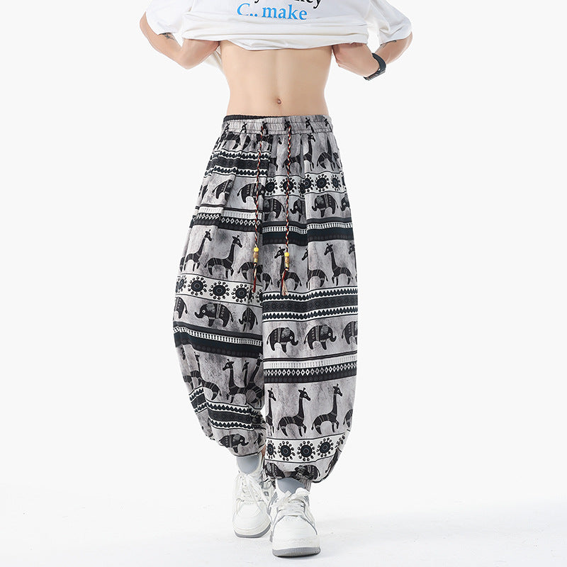 Damen nan lässige Pluderhose im Ethno-Print mit elastischem Bund, Kordelzug und gesmokten Bündchen Drune
