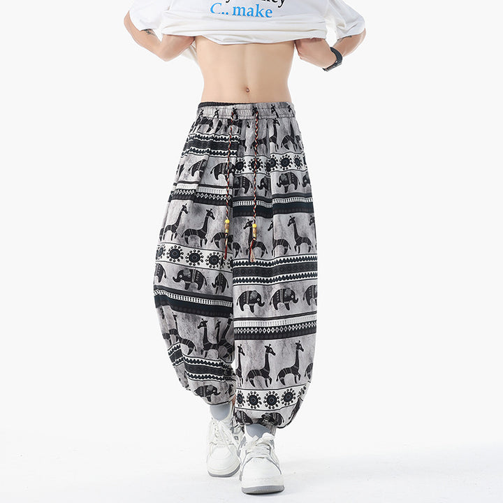 Damen nan lässige Pluderhose im Ethno-Print mit elastischem Bund, Kordelzug und gesmokten Bündchen Drune