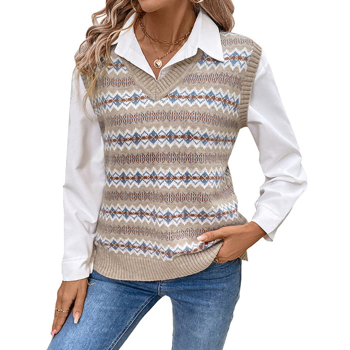 Damen Modischer Strickpullover mit V-Ausschnitt und geometrischem Muster Drune