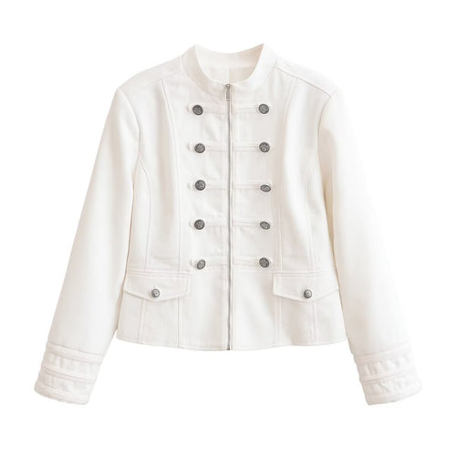 Damen Kurze Uniformjacke mit Stehkragen, Zierriegeln und Metallknopf‑Detail Drune