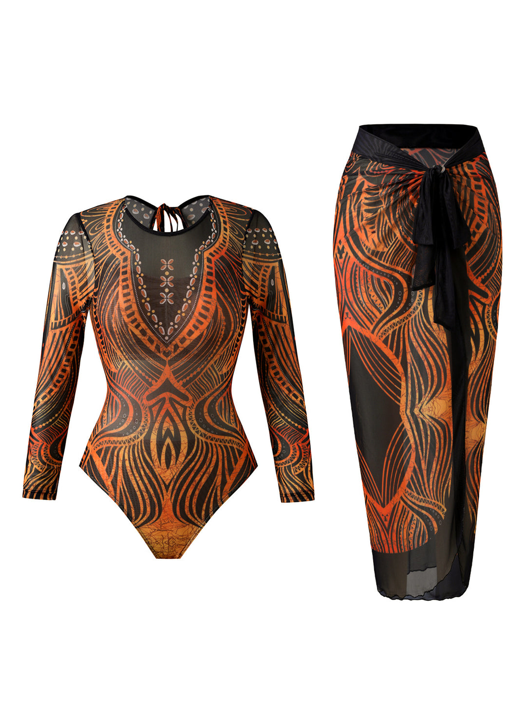 Damen Eleganter Badeanzug mit langem Arm und transparente Wickelrock Drune
