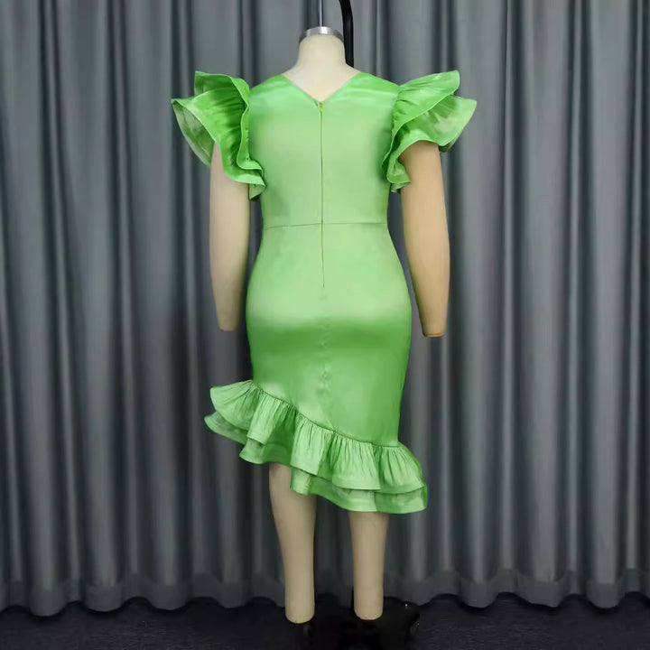 Damen elegantes Kleid mit voluminösen Rüschenärmeln und seitlichem Schlitz Drune